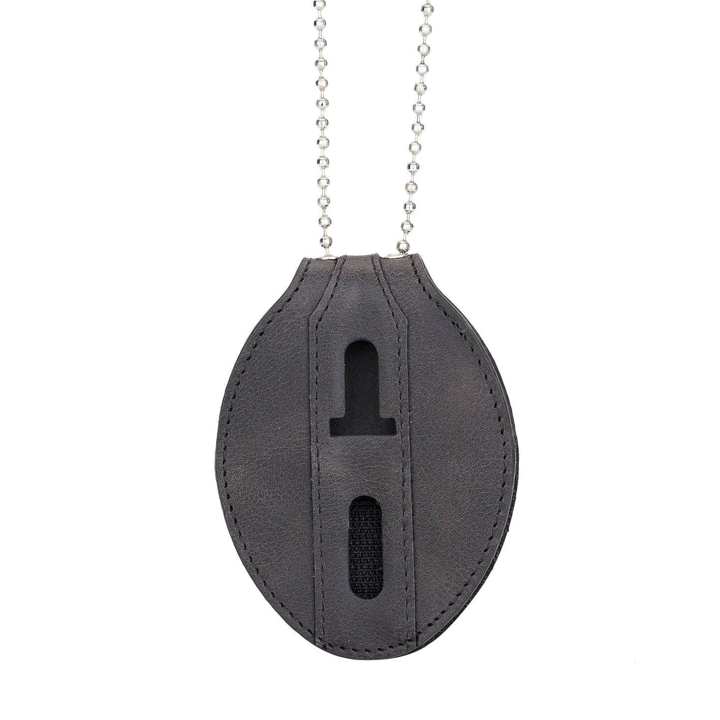 Police Badge Holder-Black Full Grain Leather-Oval Badge Holder Belt Clip - Optional to Use Around The Neck