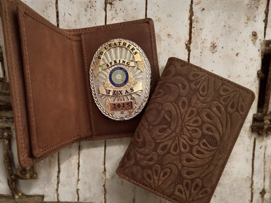 Tooled Brown Police Badge Wallet All Leather Universal Fit for Pin Back Badges