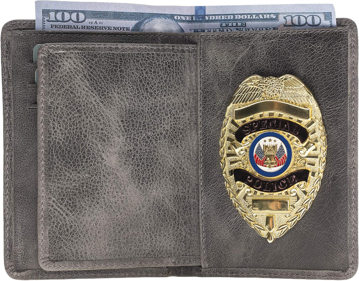 Police Badge Wallet All Leather Universal Fit-Charcoal Gray for Pin & Clip Back Badges