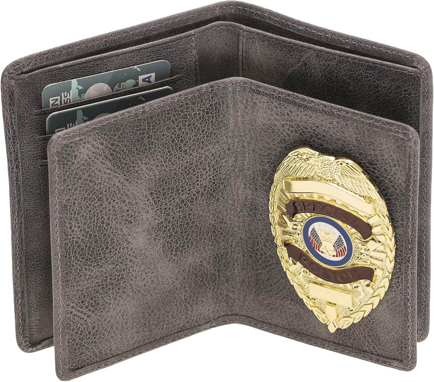 Police Badge Wallet All Leather Universal Fit-Charcoal Gray for Pin & Clip Back Badges