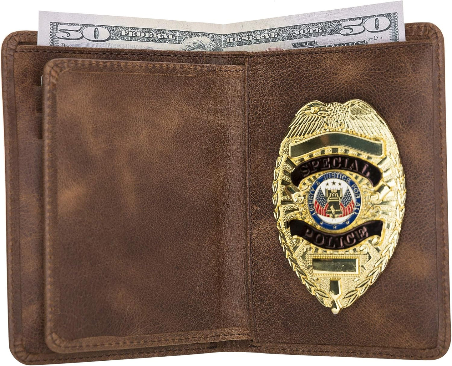 Saddle Brown Police Badge Wallet All Leather Universal Fit for Pin Back & Clip Back Badges