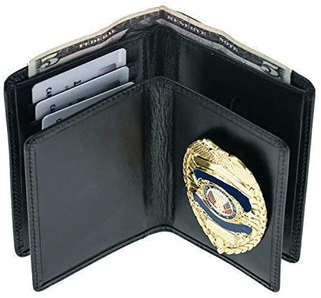 Police Badge Wallet All Leather Universal Fit-Black for Pin and Clip Back Badges