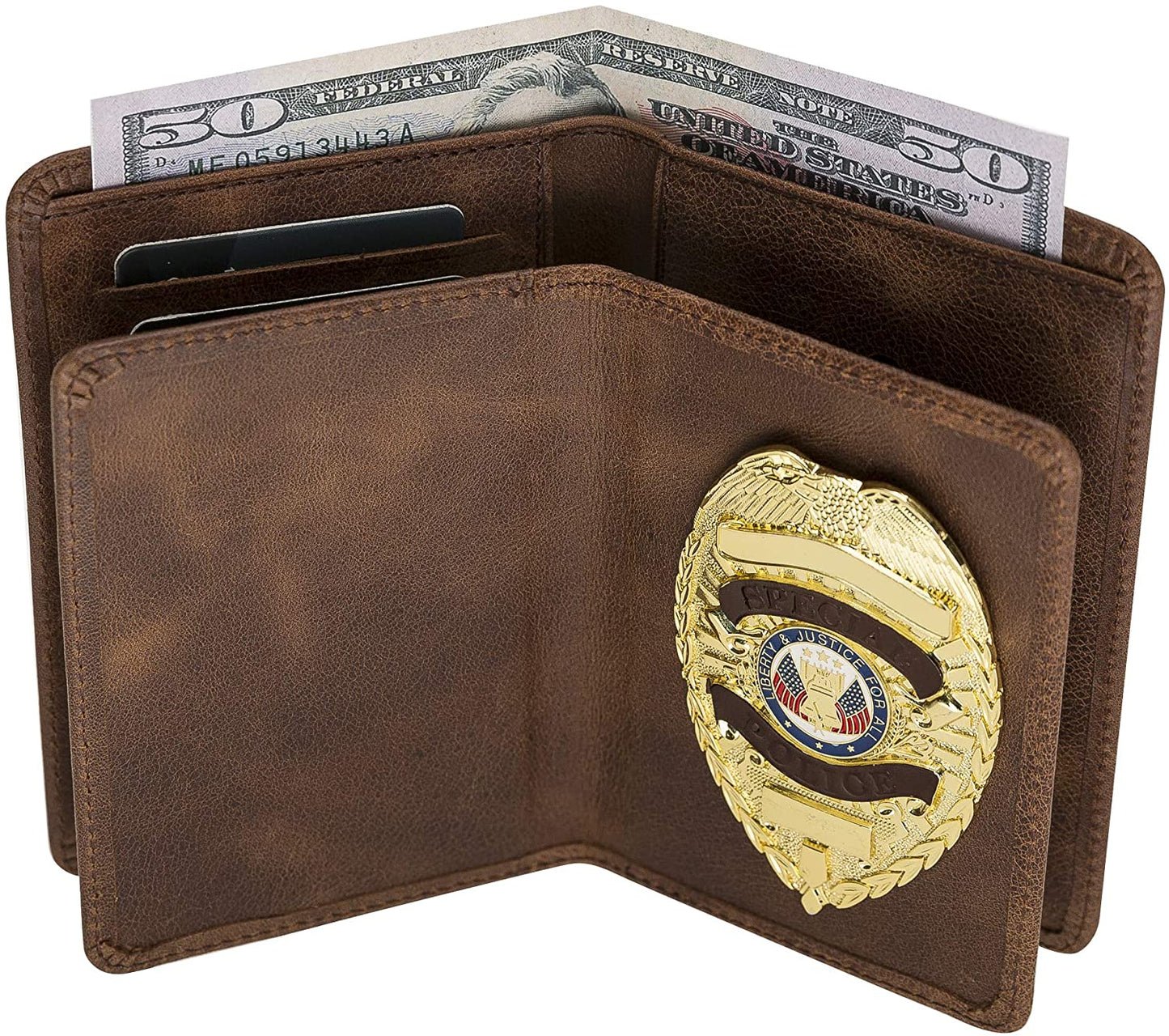 Police Badge Wallet All Leather Universal Fit- Brown Croc For Pin and Clip Back Badges