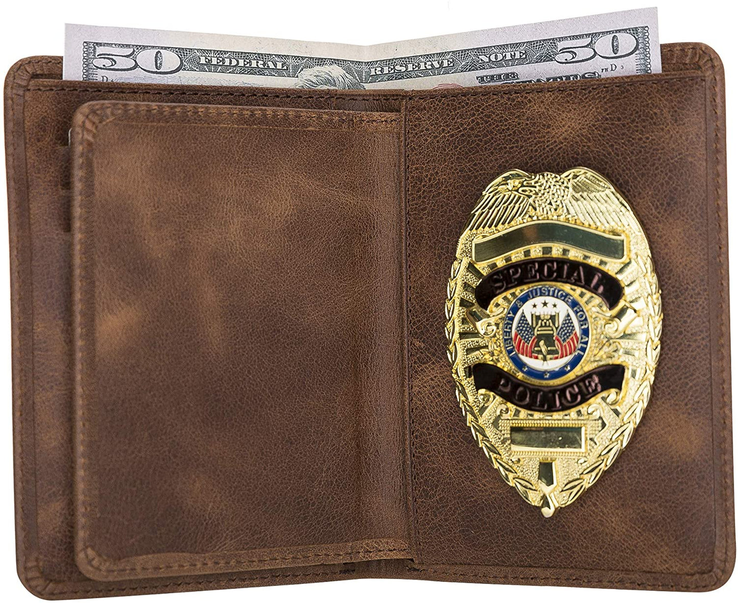 Saddle Brown Police Badge Wallet All Leather Universal Fit for Pin Back & Clip Back Badges