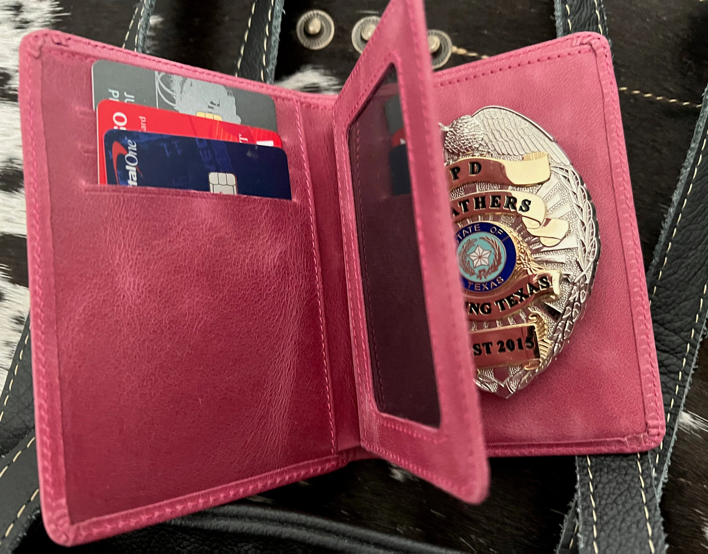 Police Badge Wallet  All Leather Universal Fit-Dusty Rose Pink-For Pin and Clip Back Badges