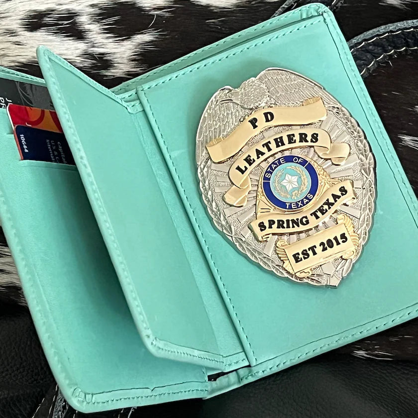 Police Badge Wallet  All Leather Universal Fit- Turquoise-For Pin and Clip Back Badges