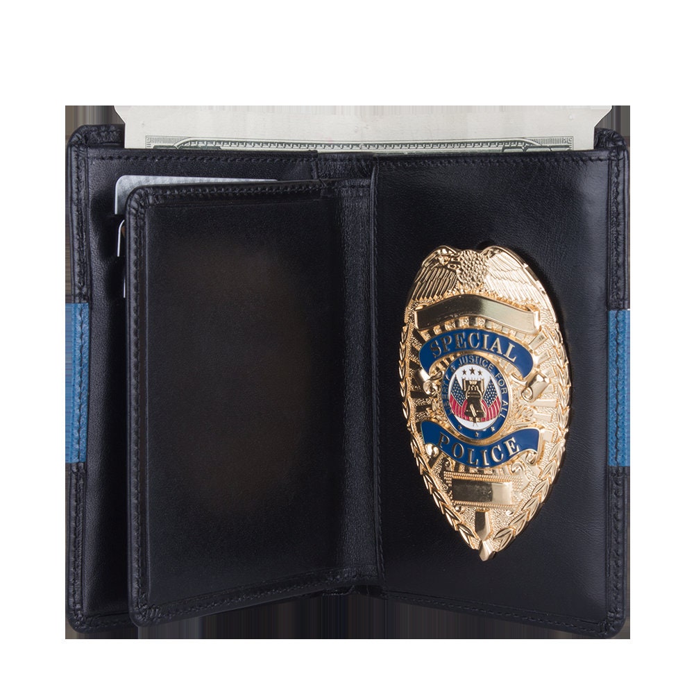 Police Badge Wallet Black with Thin Blue Line, All Leather, For Pin and Clip Back Badges