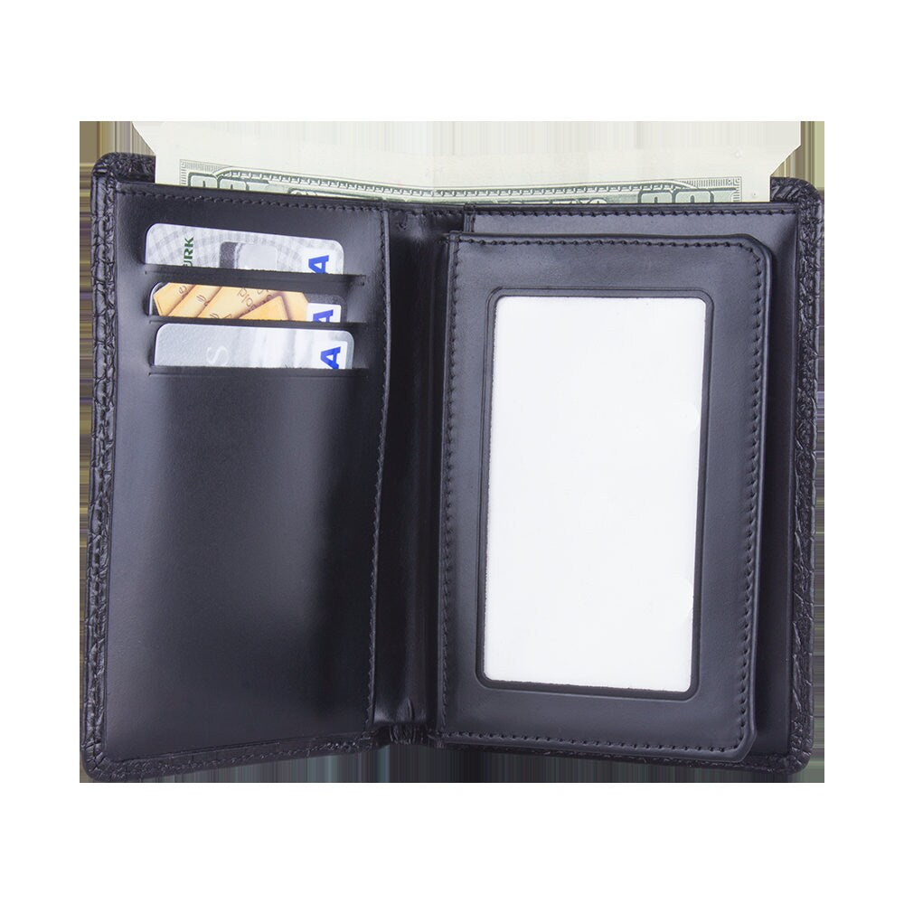 Police Badge Wallet  All Leather Universal Fit-Black Croc-For Pin and Clip Back Badges