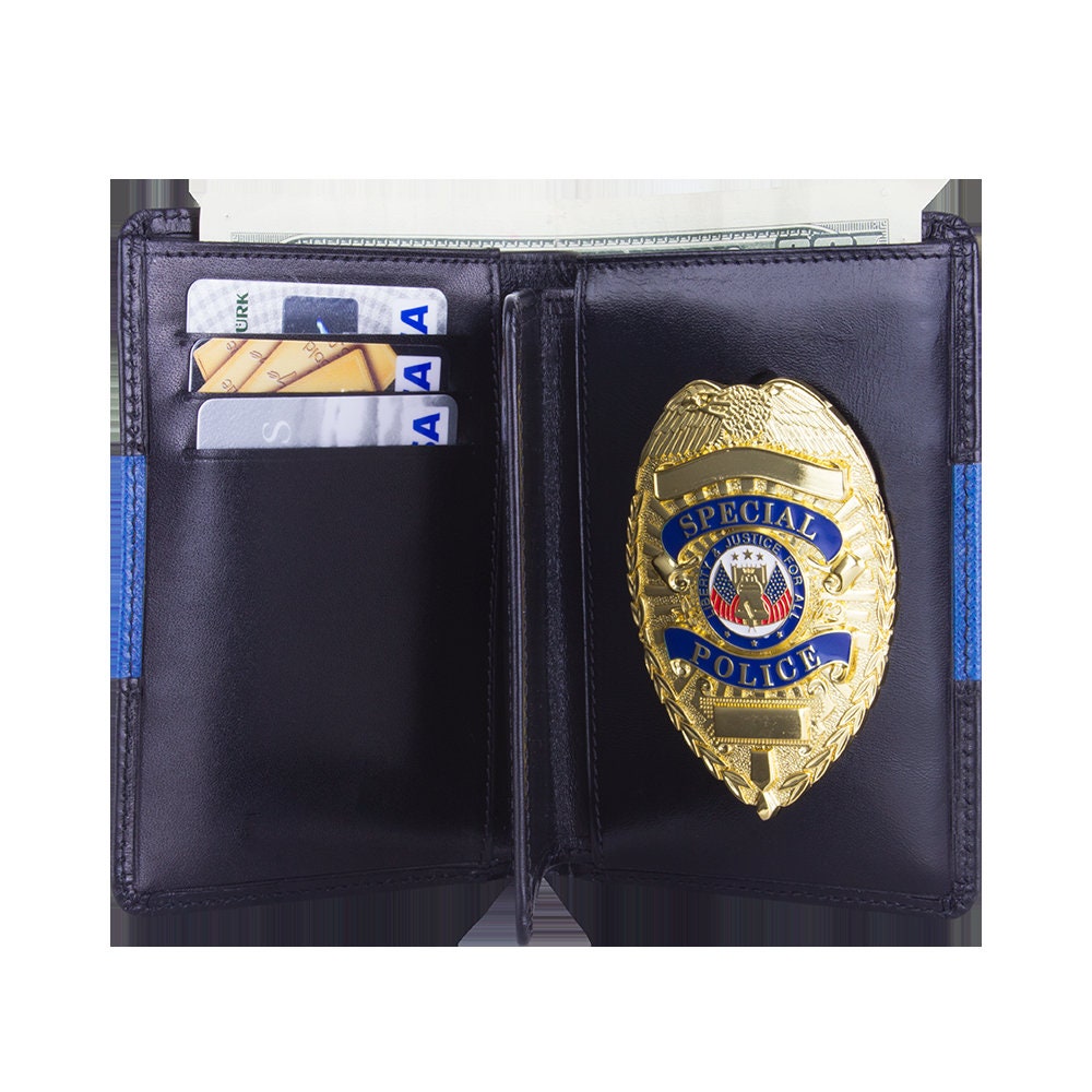 Police Badge Wallet Black with Thin Blue Line, All Leather, For Pin and Clip Back Badges