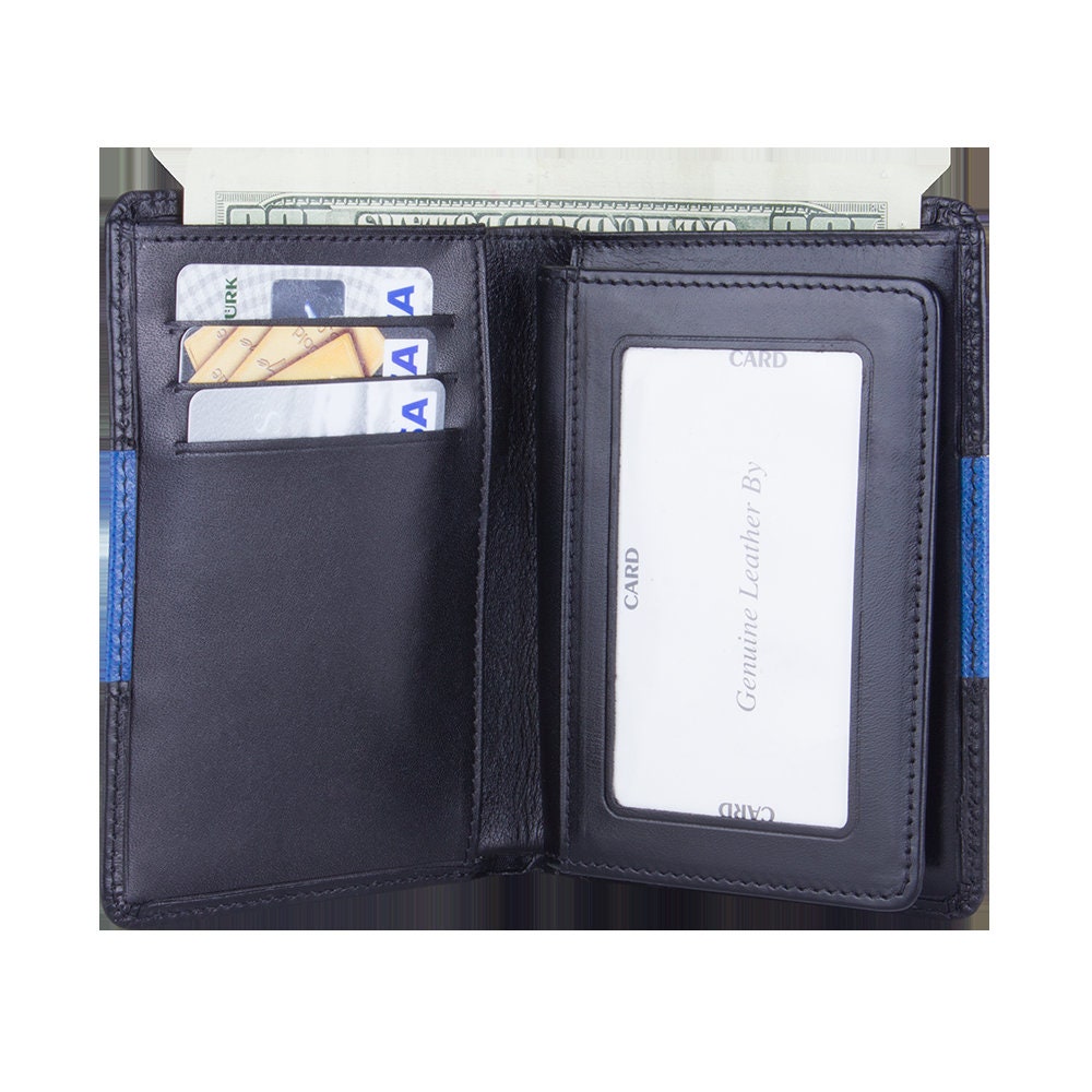 Police Badge Wallet Black with Thin Blue Line, All Leather, For Pin and Clip Back Badges