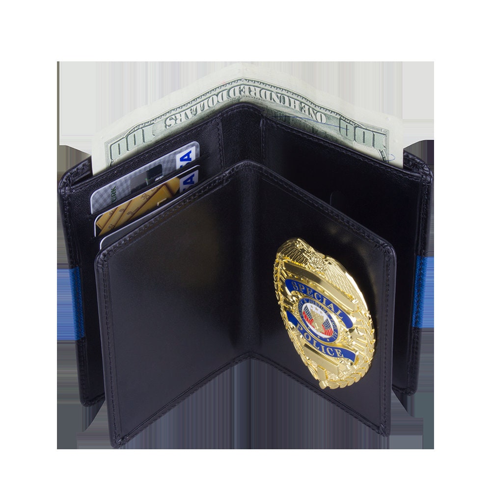 Police Badge Wallet Black with Thin Blue Line, All Leather, For Pin and Clip Back Badges