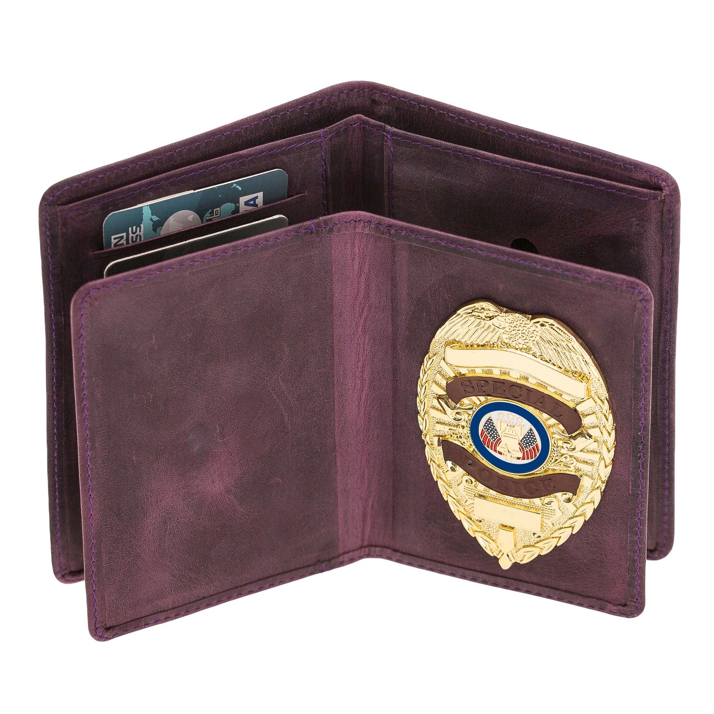 Police Badge Wallet Dark Purple, All Leather, For Pin and Clip Back Badges