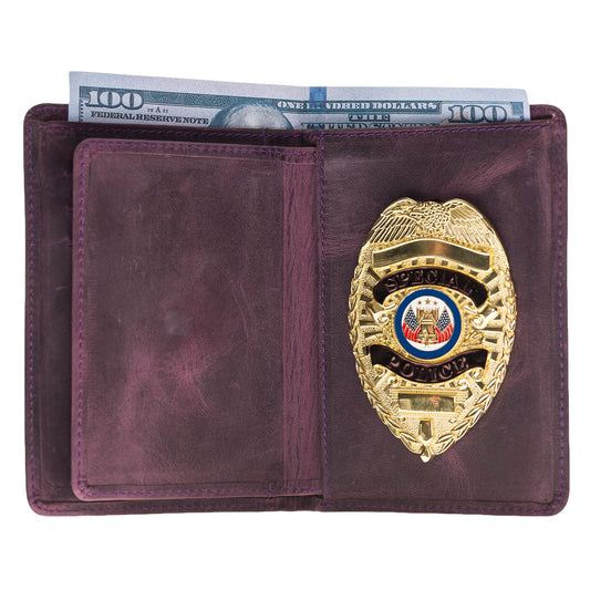 Police Badge Wallet Dark Purple, All Leather, For Pin and Clip Back Badges