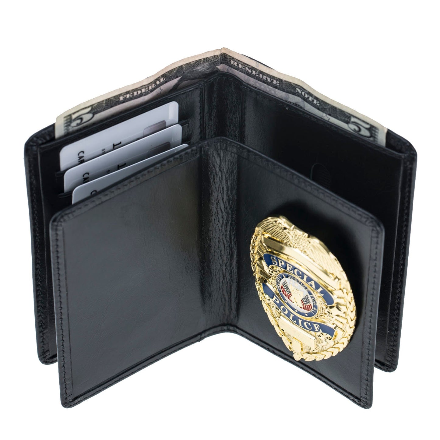Police Leather Badge Wallet, For Pin Back Badges-Black Woven Leather