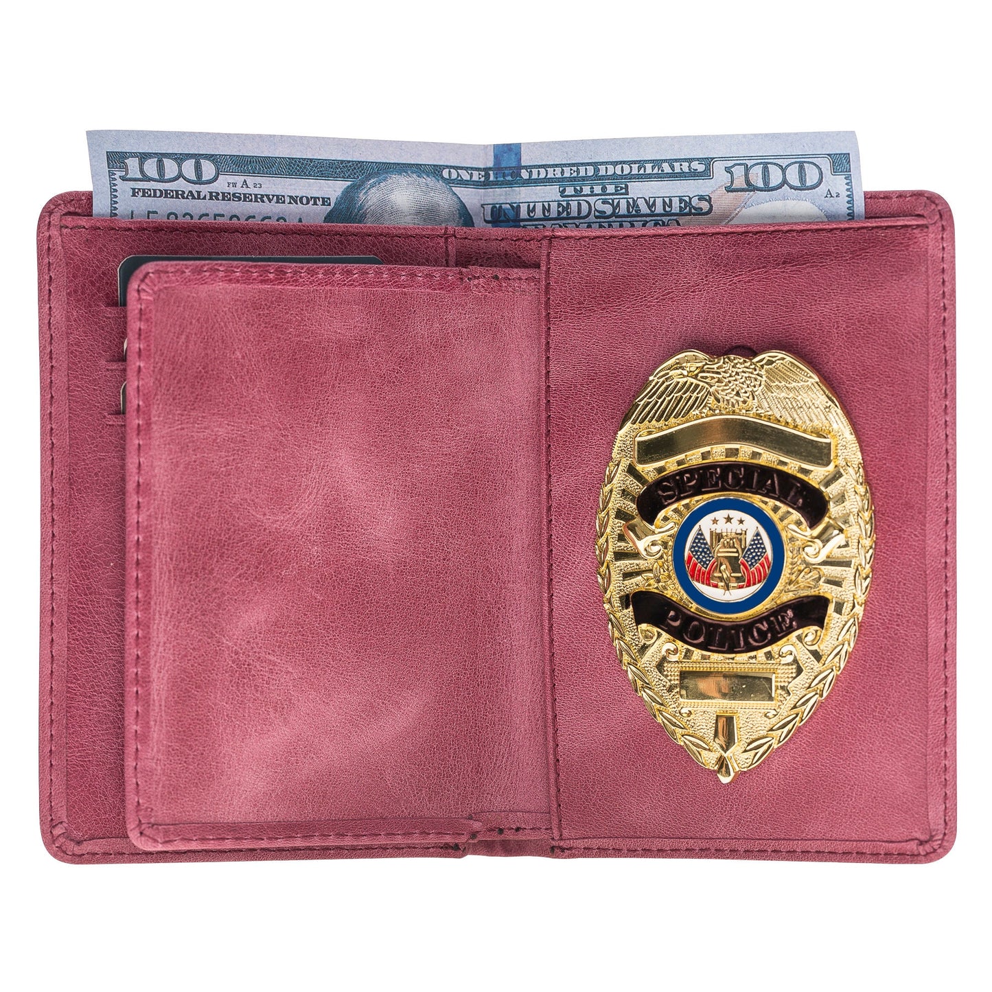 Police Badge Wallet  All Leather Universal Fit-Dusty Rose Pink-For Pin and Clip Back Badges