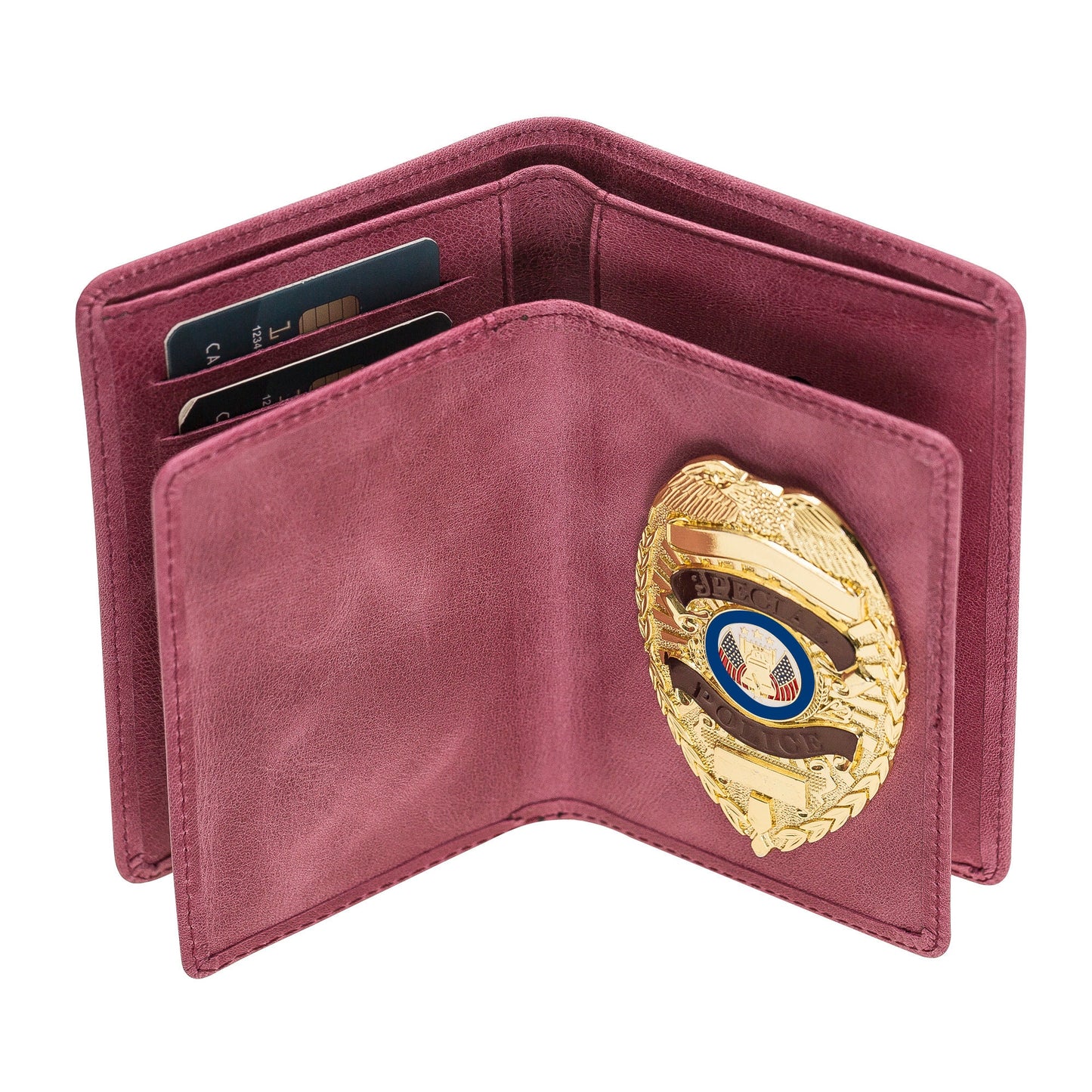 Police Badge Wallet  All Leather Universal Fit-Dusty Rose Pink-For Pin and Clip Back Badges