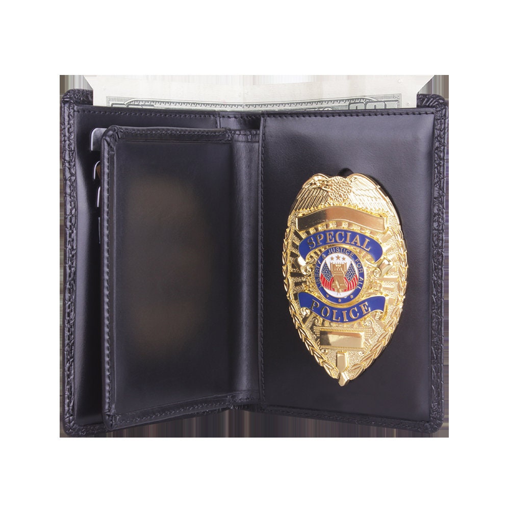 Police Badge Wallet  All Leather Universal Fit-Black Croc-For Pin and Clip Back Badges