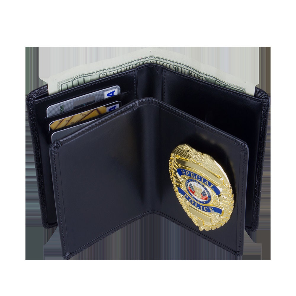 Police Badge Wallet  All Leather Universal Fit-Black Croc-For Pin and Clip Back Badges