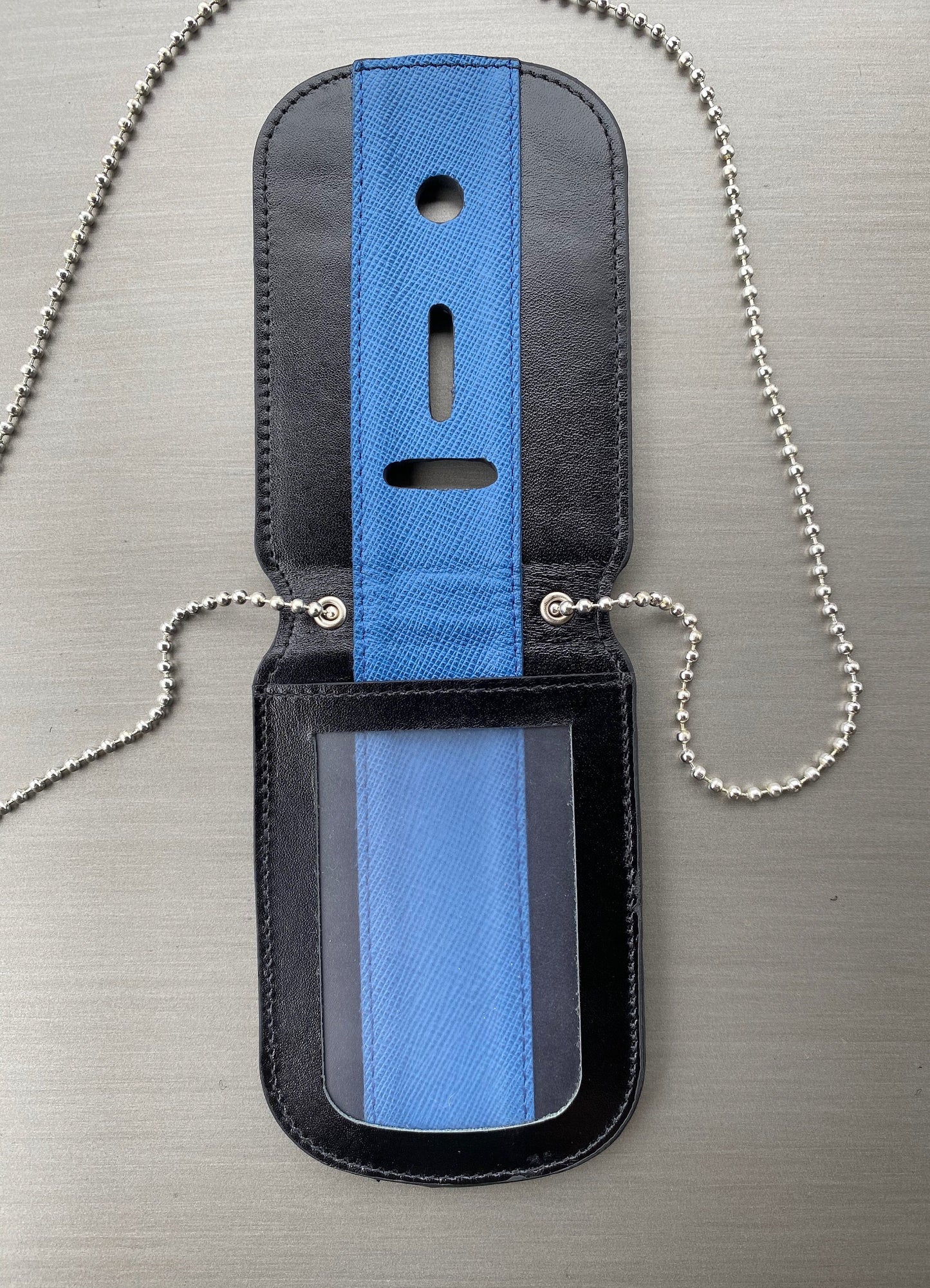 Thin Blue Line Full Grain Leather Neck Chain Police Badge and ID Holder with Extra Hidden Inside ID Card Storage