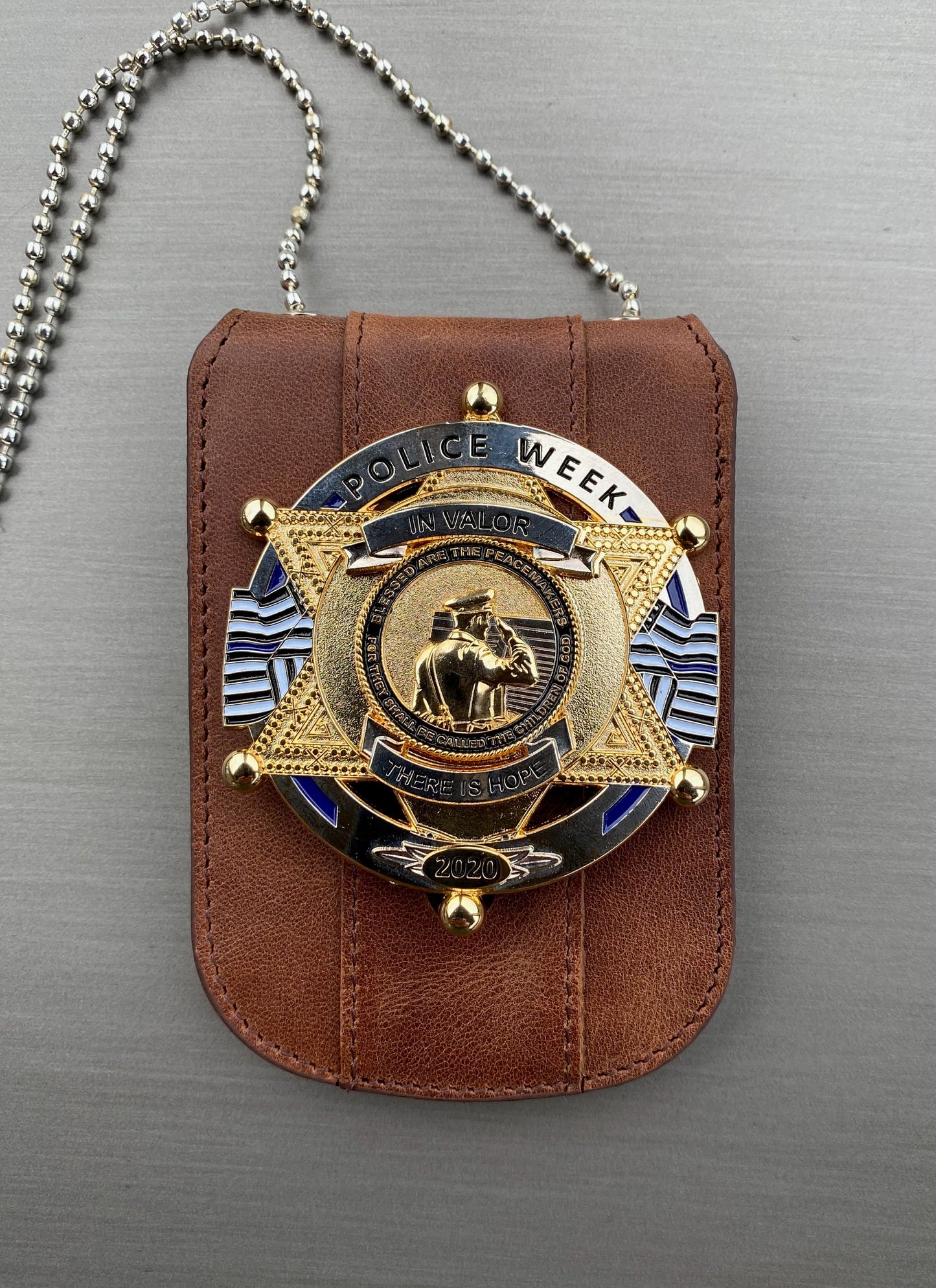 Saddle Brown Full Grain Leather Neck Chain Police Badge and ID Holder with Extra Hidden Inside ID Card Storage