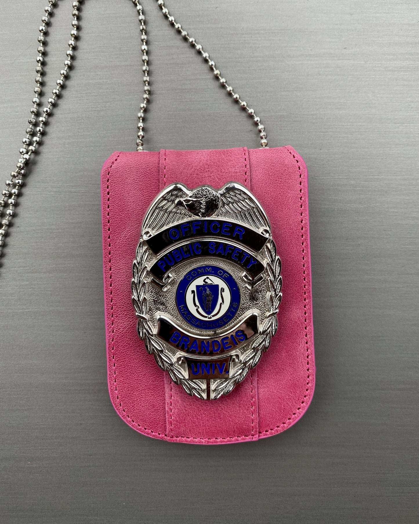 Dusty Rose Pink Full Grain Leather Neck Chain Police Badge and ID Holder with Extra Hidden Inside ID Card Storage