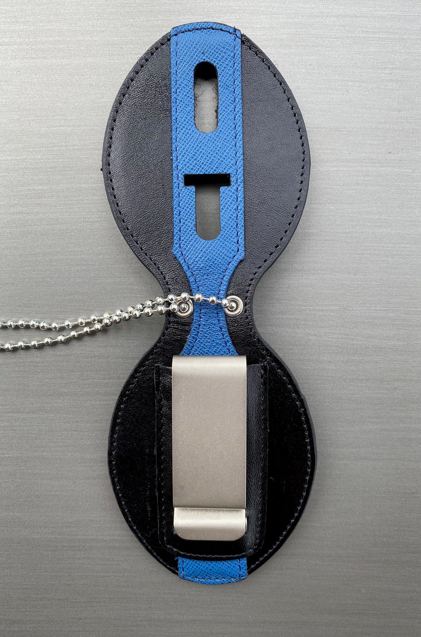 Thin Blue Line Full Grain Leather Oval Police Badge Holder Belt Clip - Optional to Use Around The Neck