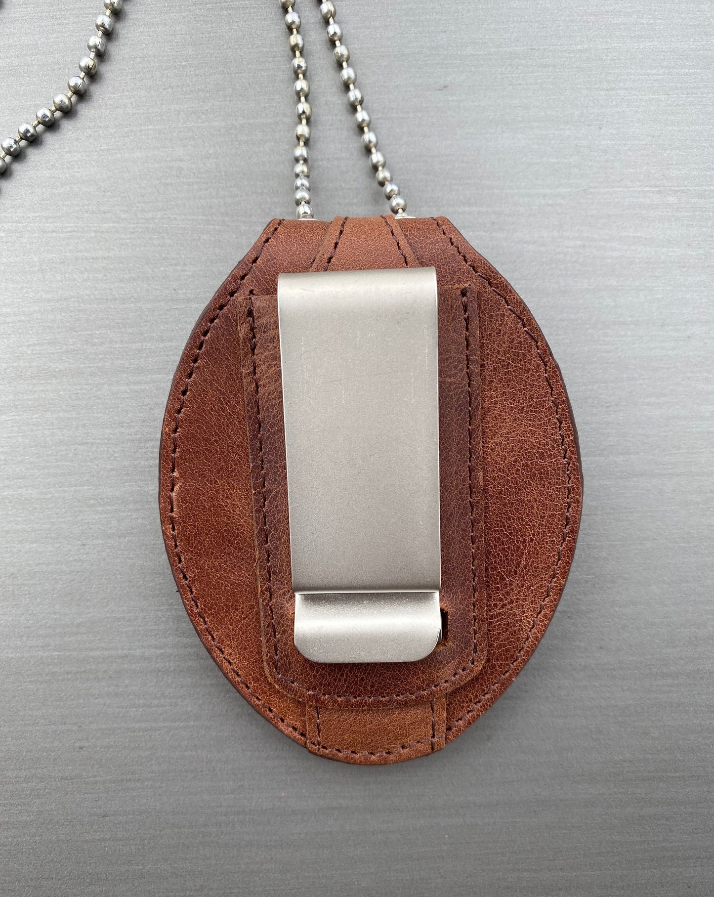 Saddle Brown Full Grain Leather Oval Police Badge Holder Belt Clip - Optional to Use Around The Neck