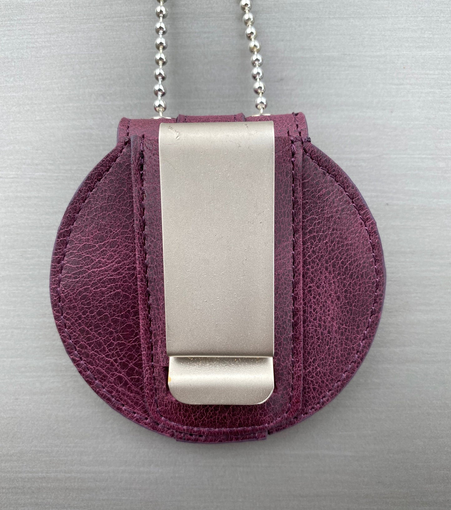 Purple Full Grain Leather Round Police Badge Holder Belt Clip - Optional to Use Around The Neck