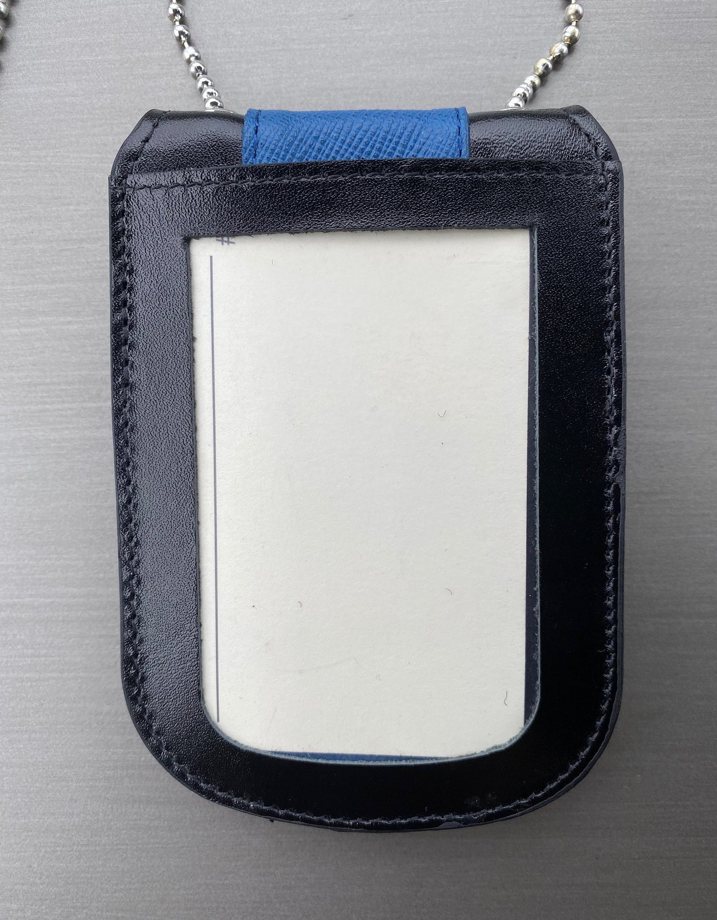 Thin Blue Line Full Grain Leather Neck Chain Police Badge and ID Holder with Extra Hidden Inside ID Card Storage