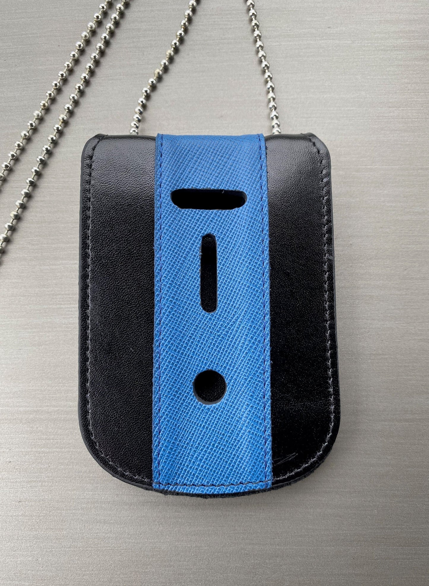 Thin Blue Line Full Grain Leather Neck Chain Police Badge and ID Holder with Extra Hidden Inside ID Card Storage