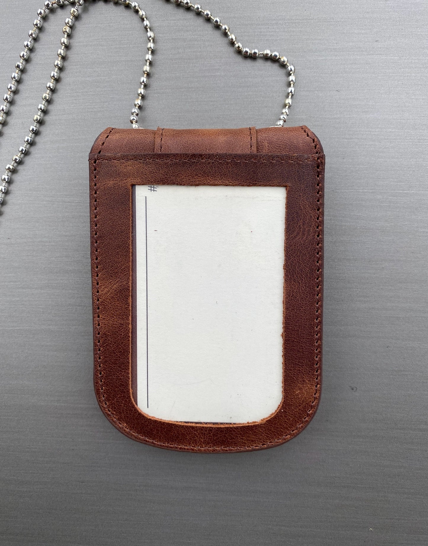 Saddle Brown Full Grain Leather Neck Chain Police Badge and ID Holder with Extra Hidden Inside ID Card Storage