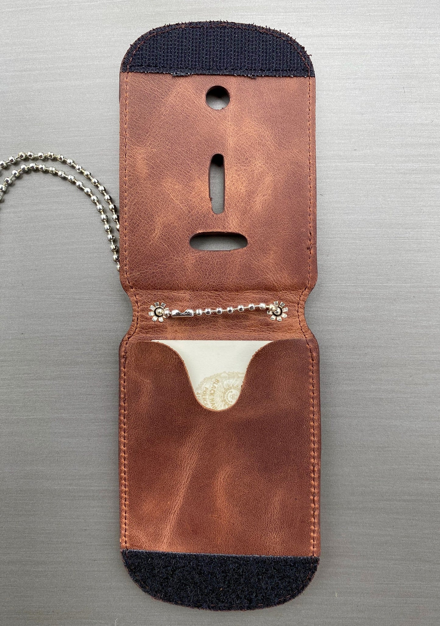 Saddle Brown Full Grain Leather Neck Chain Police Badge and ID Holder with Extra Hidden Inside ID Card Storage