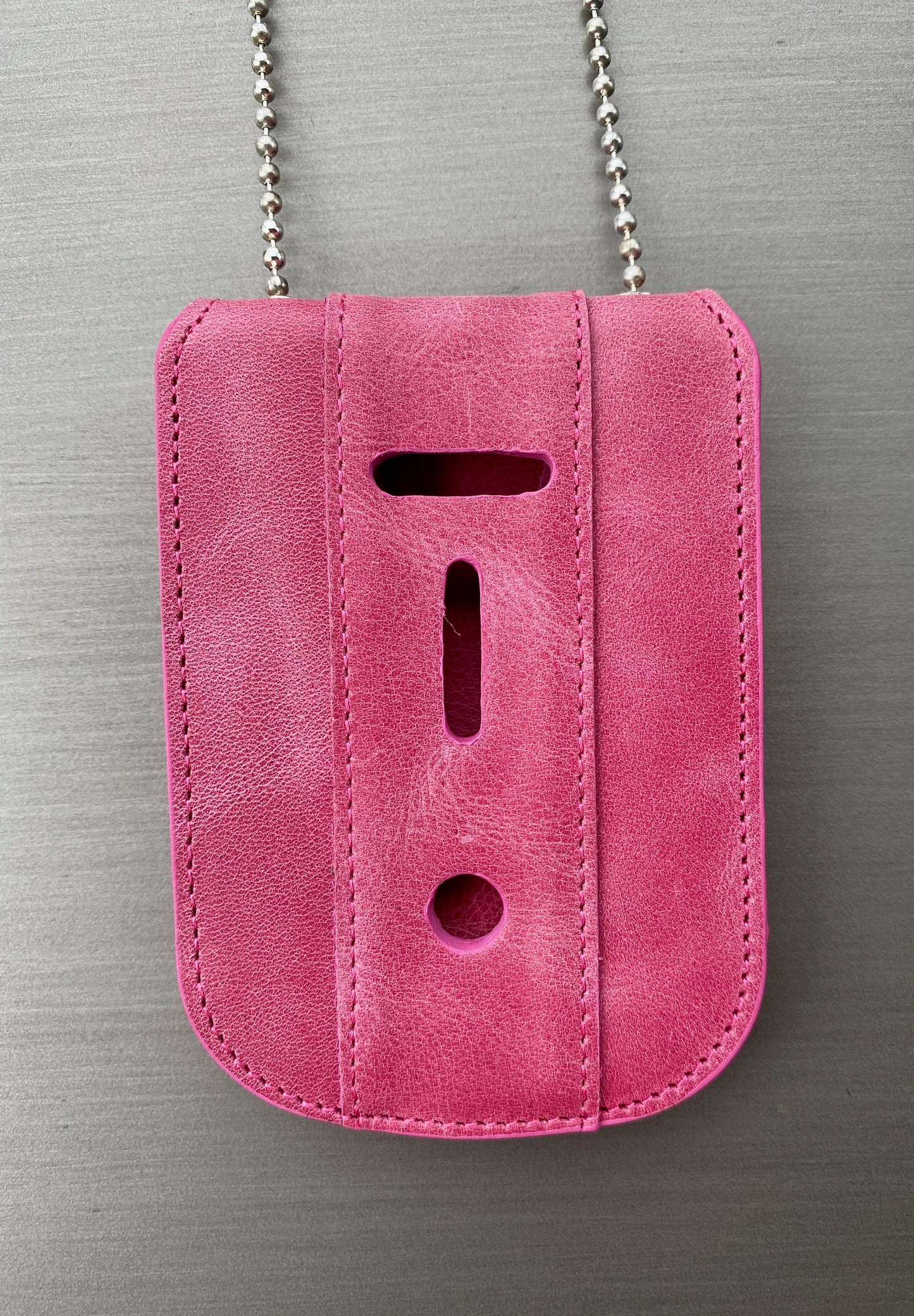 Dusty Rose Pink Full Grain Leather Neck Chain Police Badge and ID Holder with Extra Hidden Inside ID Card Storage