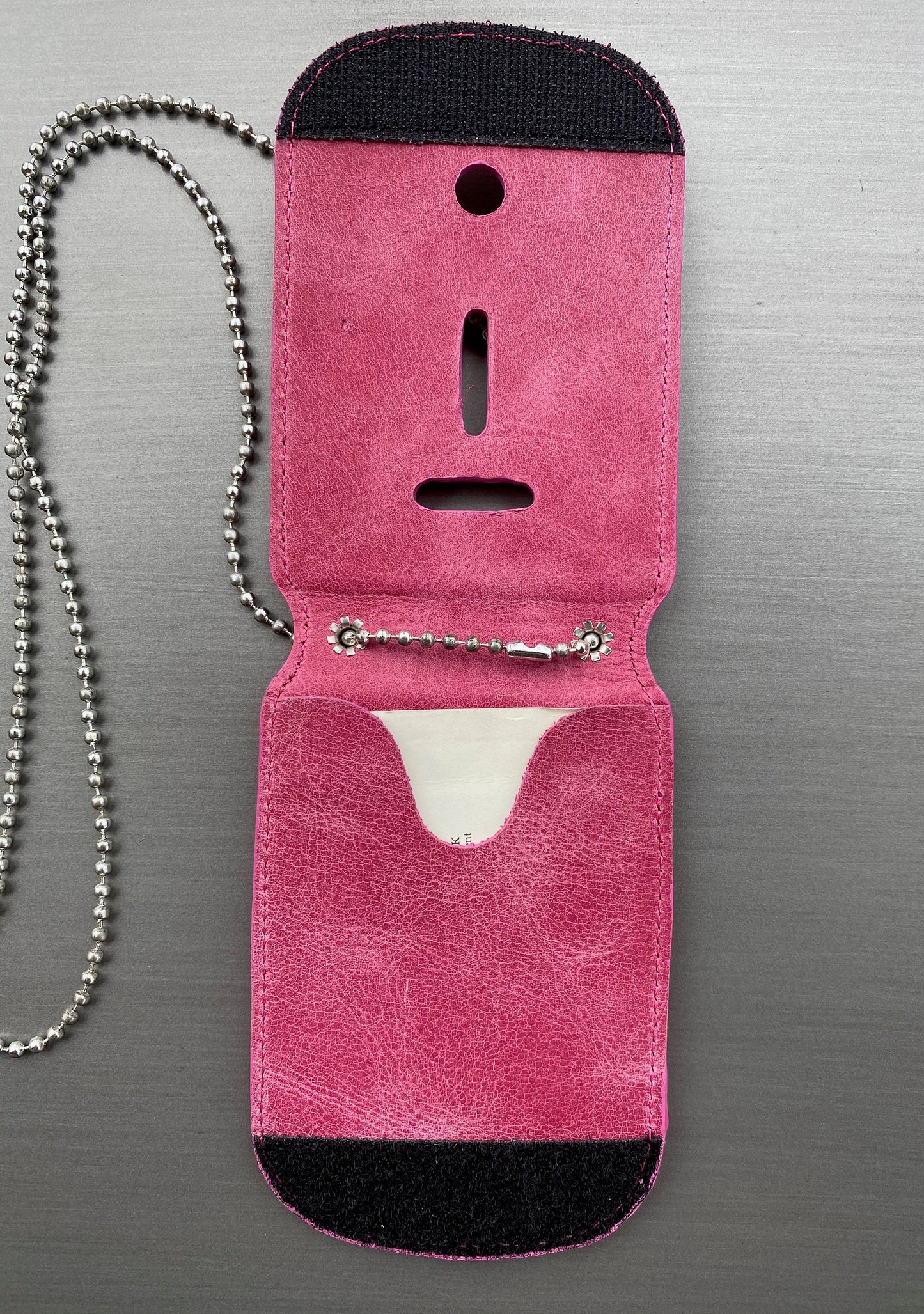 Dusty Rose Pink Full Grain Leather Neck Chain Police Badge and ID Holder with Extra Hidden Inside ID Card Storage