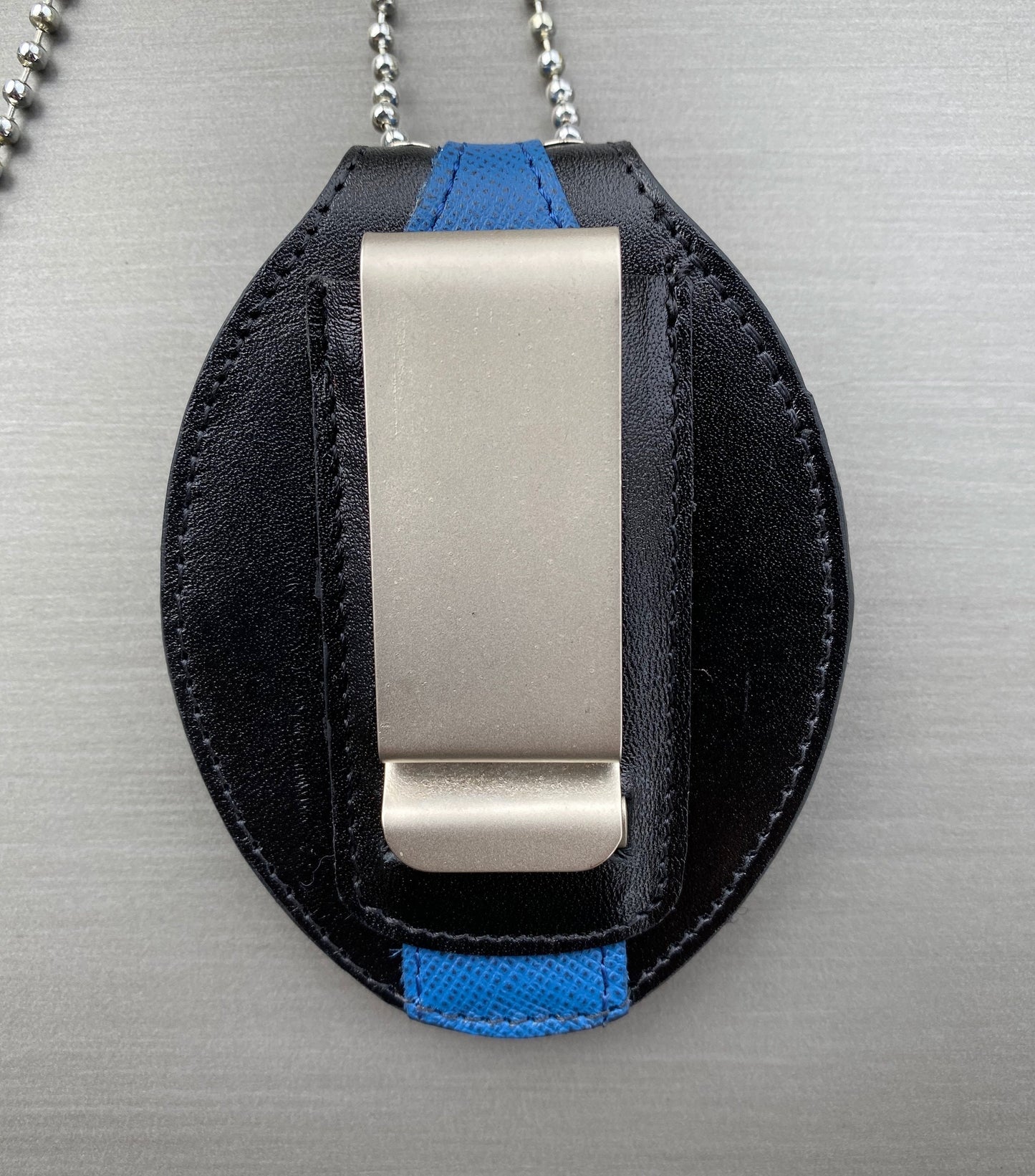 Thin Blue Line Full Grain Leather Oval Police Badge Holder Belt Clip - Optional to Use Around The Neck