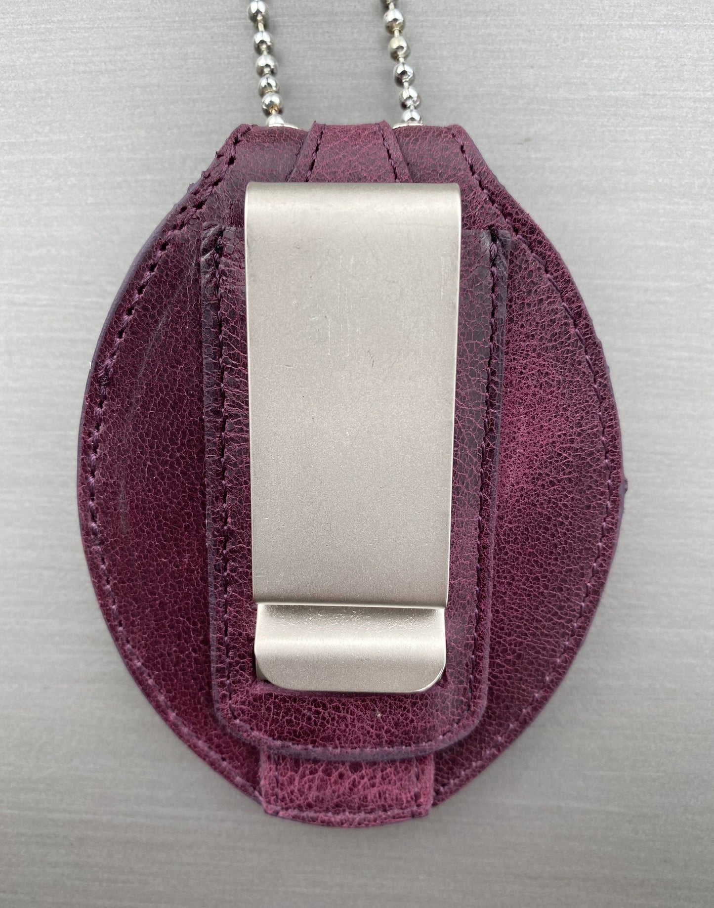 Purple Full Grain Leather Oval Police Badge Holder Belt Clip - Optional to Use Around The Neck