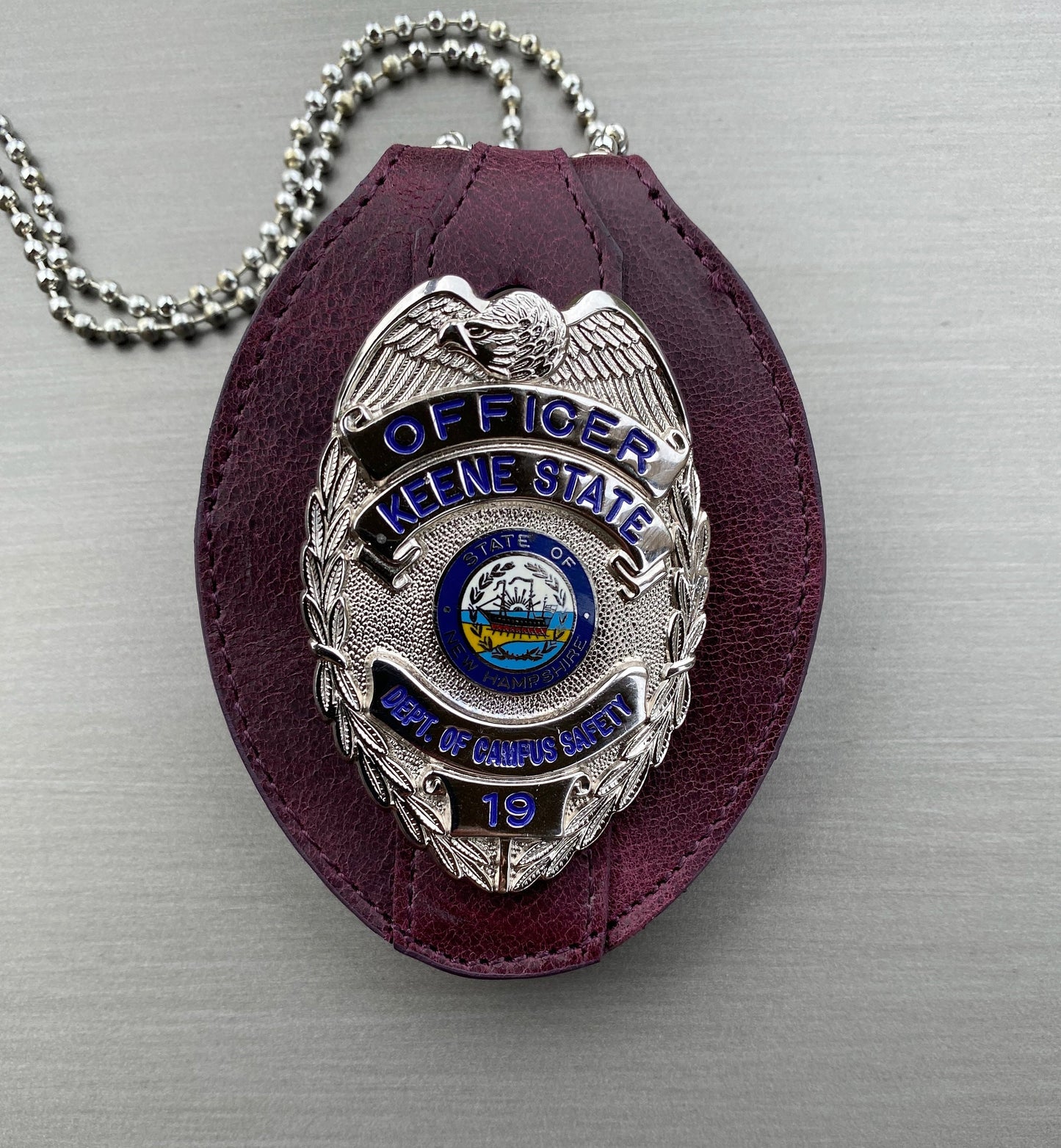 Purple Full Grain Leather Oval Police Badge Holder Belt Clip - Optional to Use Around The Neck