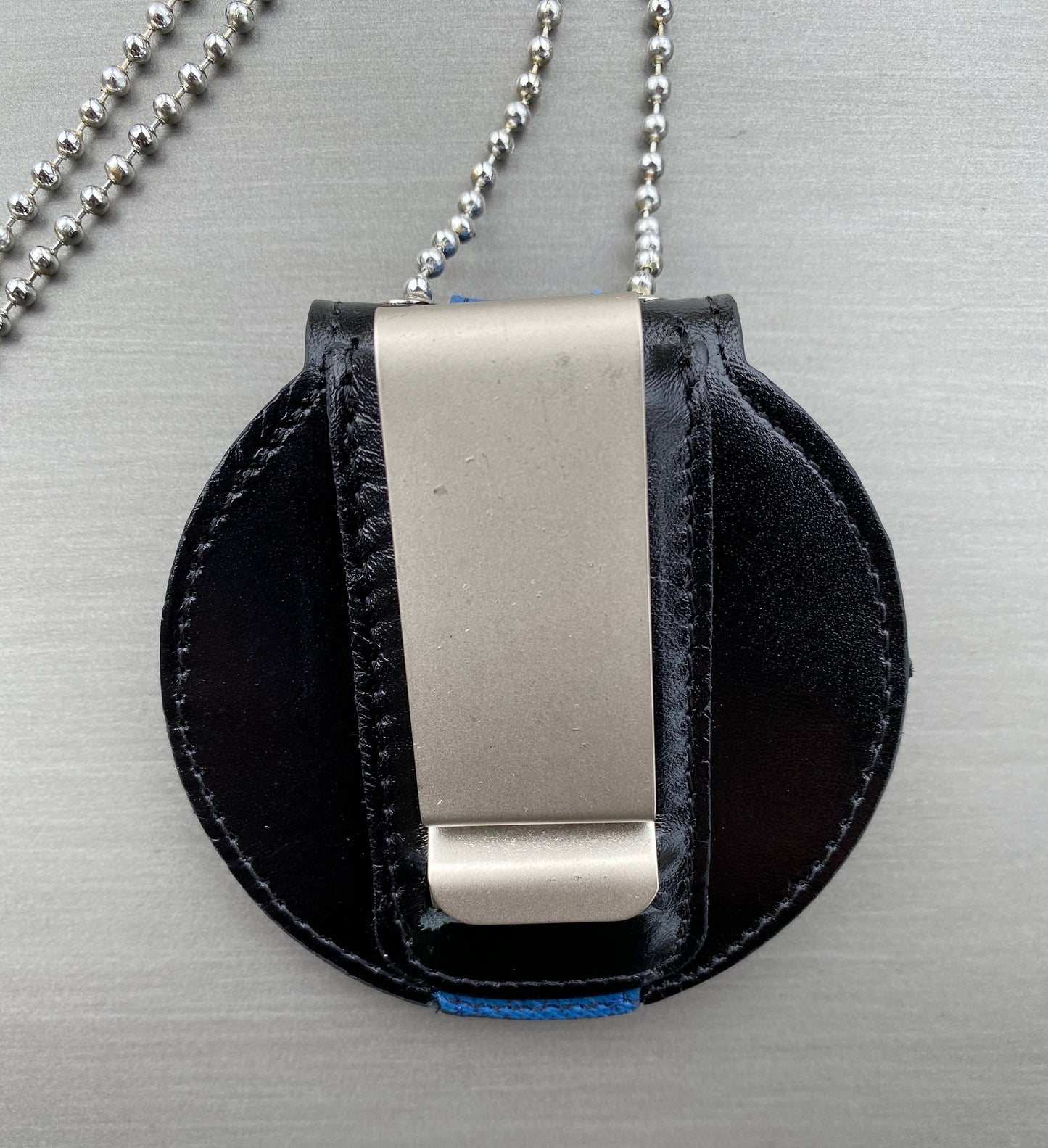 Thin Blue Line & Black Full Grain Leather Round Police Badge Holder Belt Clip - Optional to Use Around The Neck