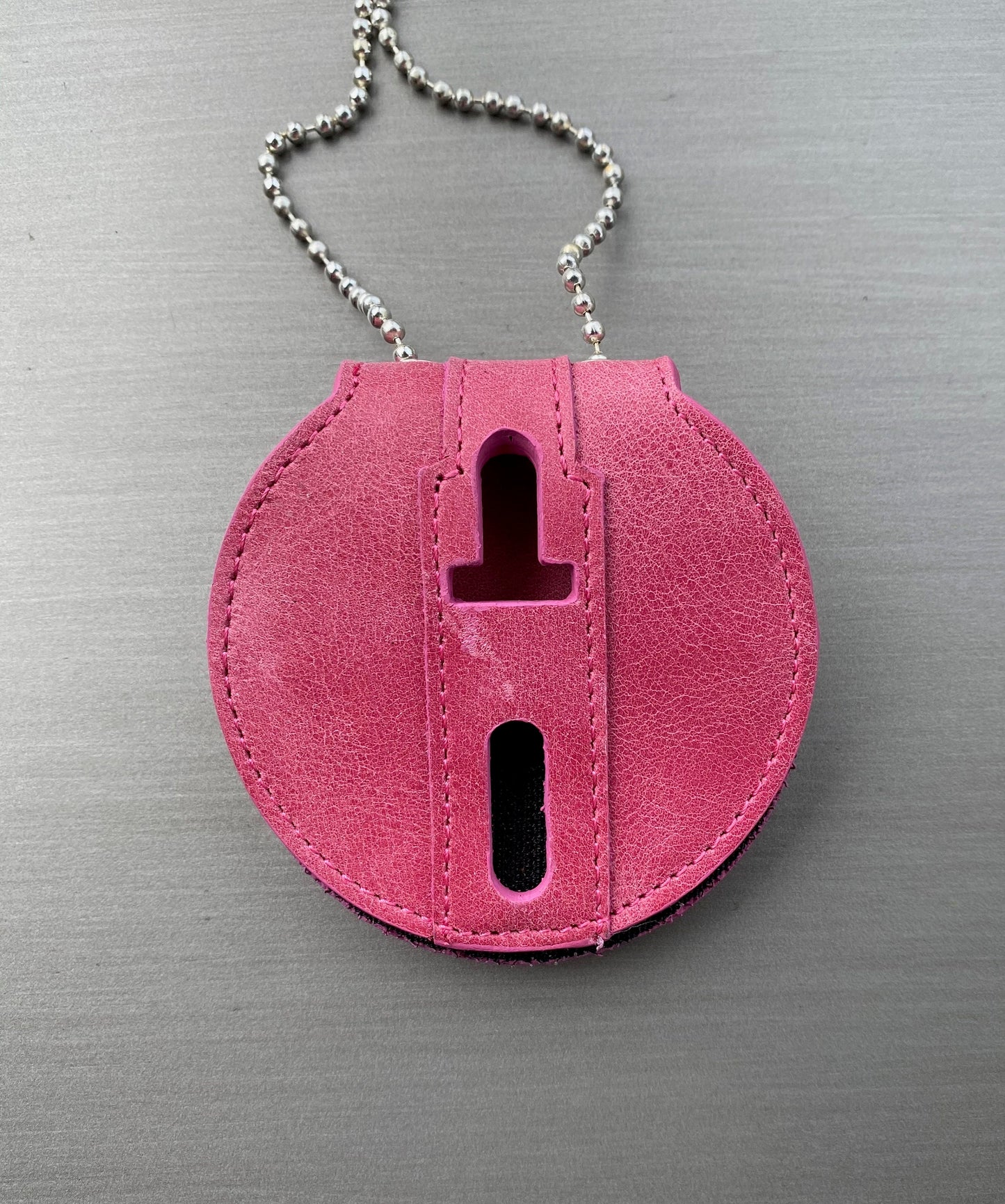 Dusty Rose Pink  Full Grain Leather Round Police Badge Holder Belt Clip - Optional to Use Around The Neck