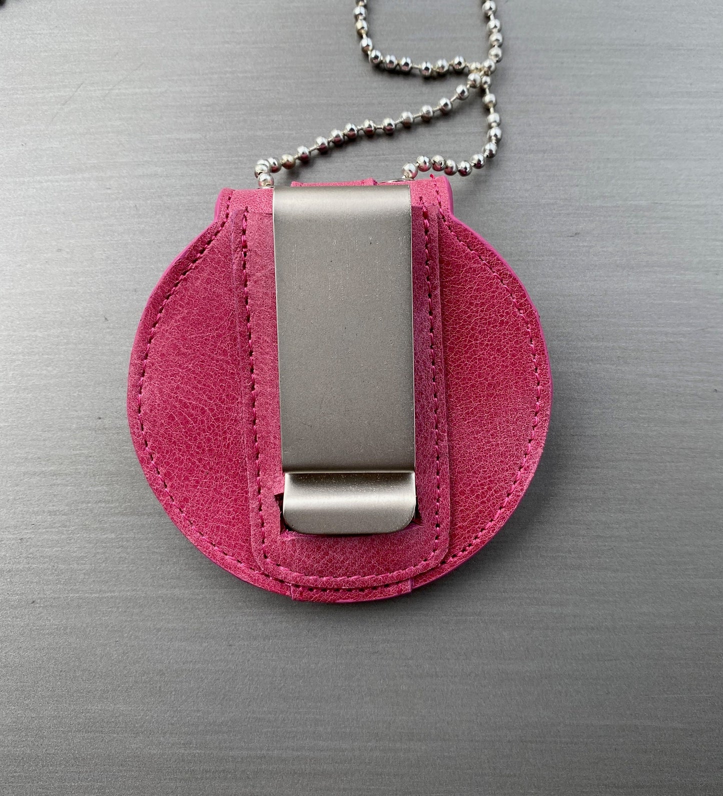 Dusty Rose Pink  Full Grain Leather Round Police Badge Holder Belt Clip - Optional to Use Around The Neck