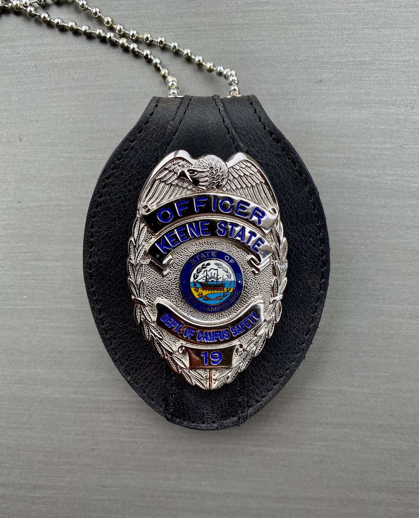 Black Full Grain Leather Oval Police Badge Holder Belt Clip - Optional to Use Around The Neck