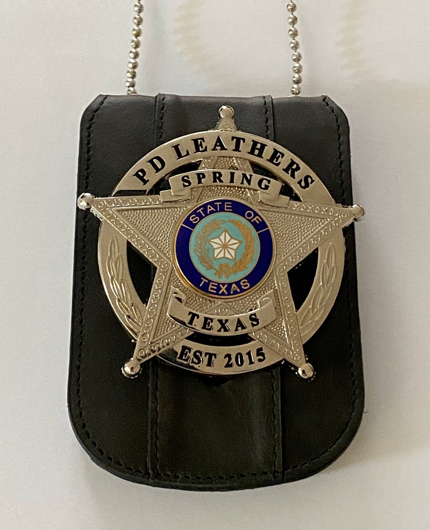 Black Full Grain Leather Neck Chain Police Badge and ID Holder with Extra Hidden Inside ID Card Storage