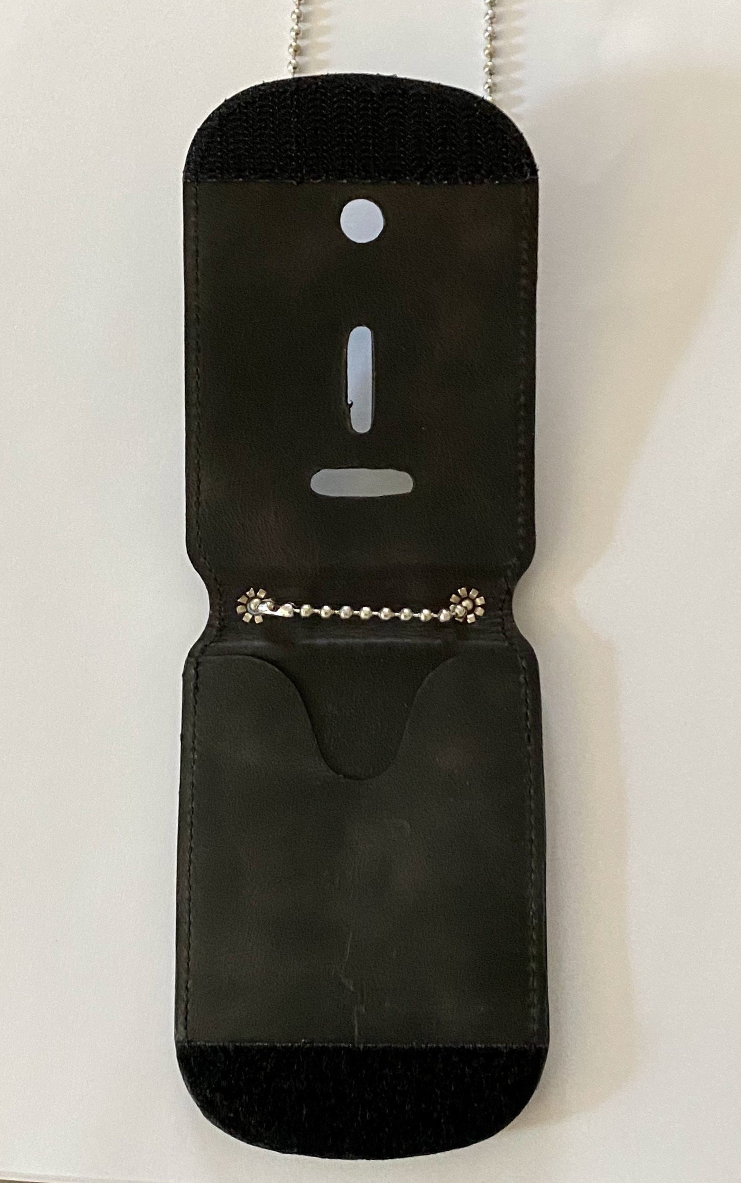 Black Full Grain Leather Neck Chain Police Badge and ID Holder with Extra Hidden Inside ID Card Storage