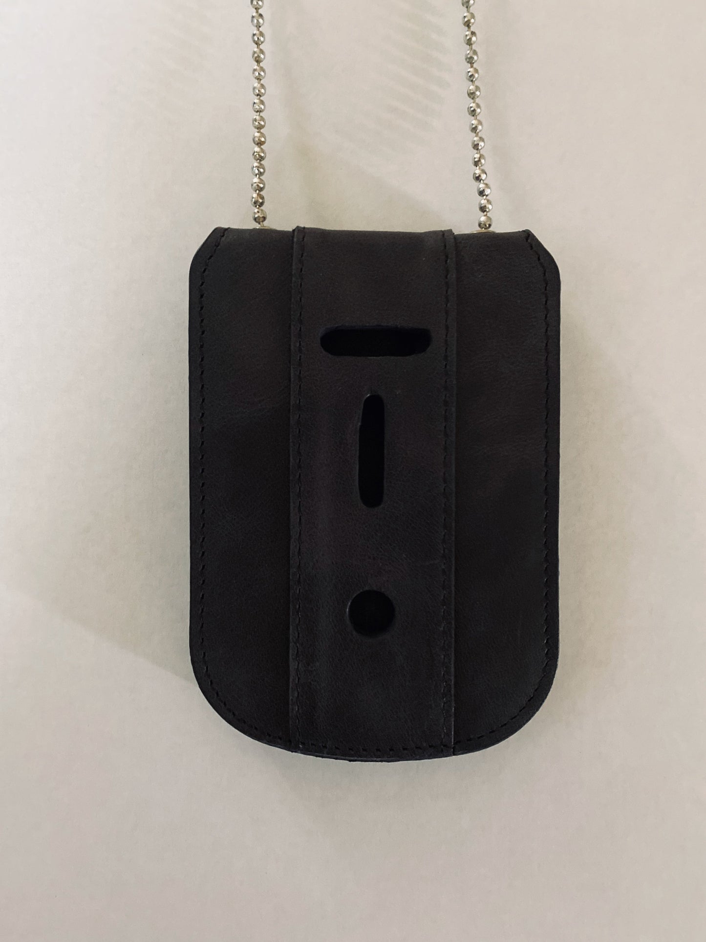 Black Full Grain Leather Neck Chain Police Badge and ID Holder with Extra Hidden Inside ID Card Storage