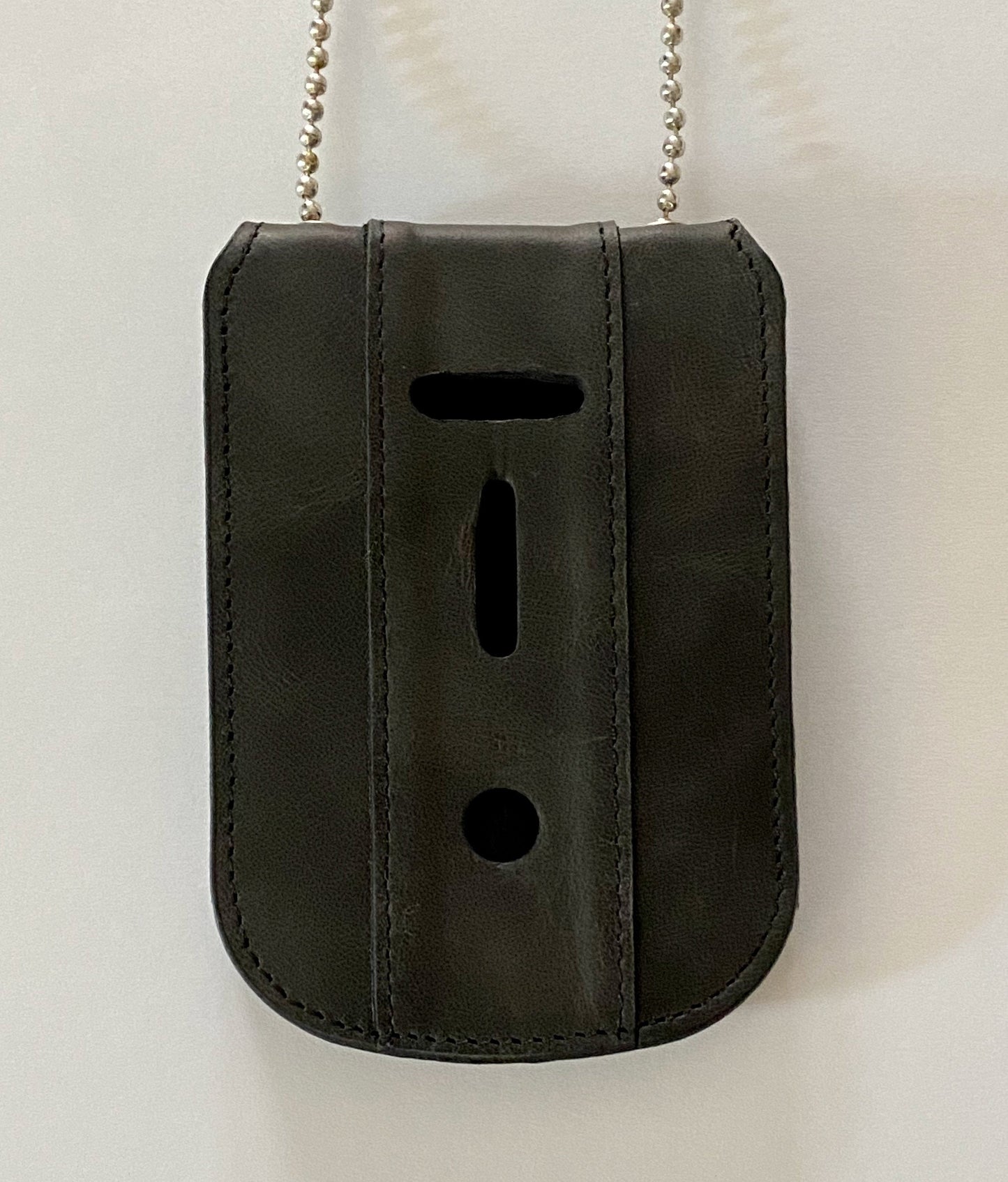 Black Full Grain Leather Neck Chain Police Badge and ID Holder with Extra Hidden Inside ID Card Storage