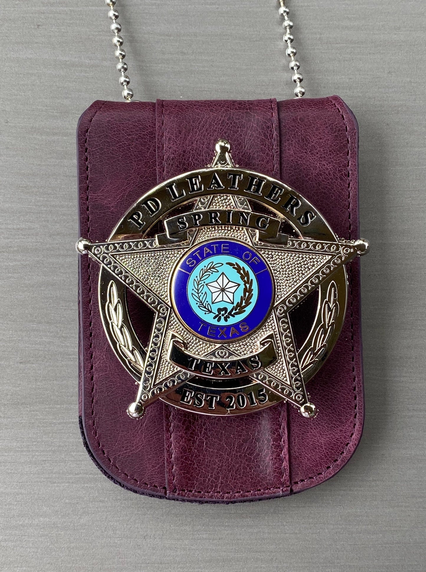 Purple Full Grain Leather Neck Chain Police Badge and ID Holder with Extra Hidden Inside ID Card Storage