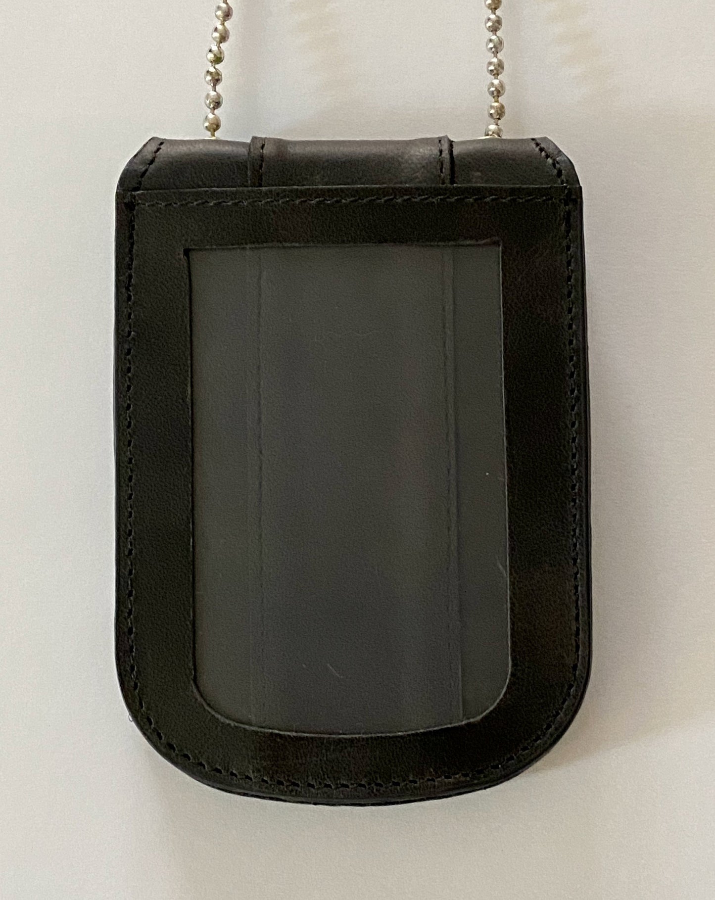 Black Full Grain Leather Neck Chain Police Badge and ID Holder with Extra Hidden Inside ID Card Storage