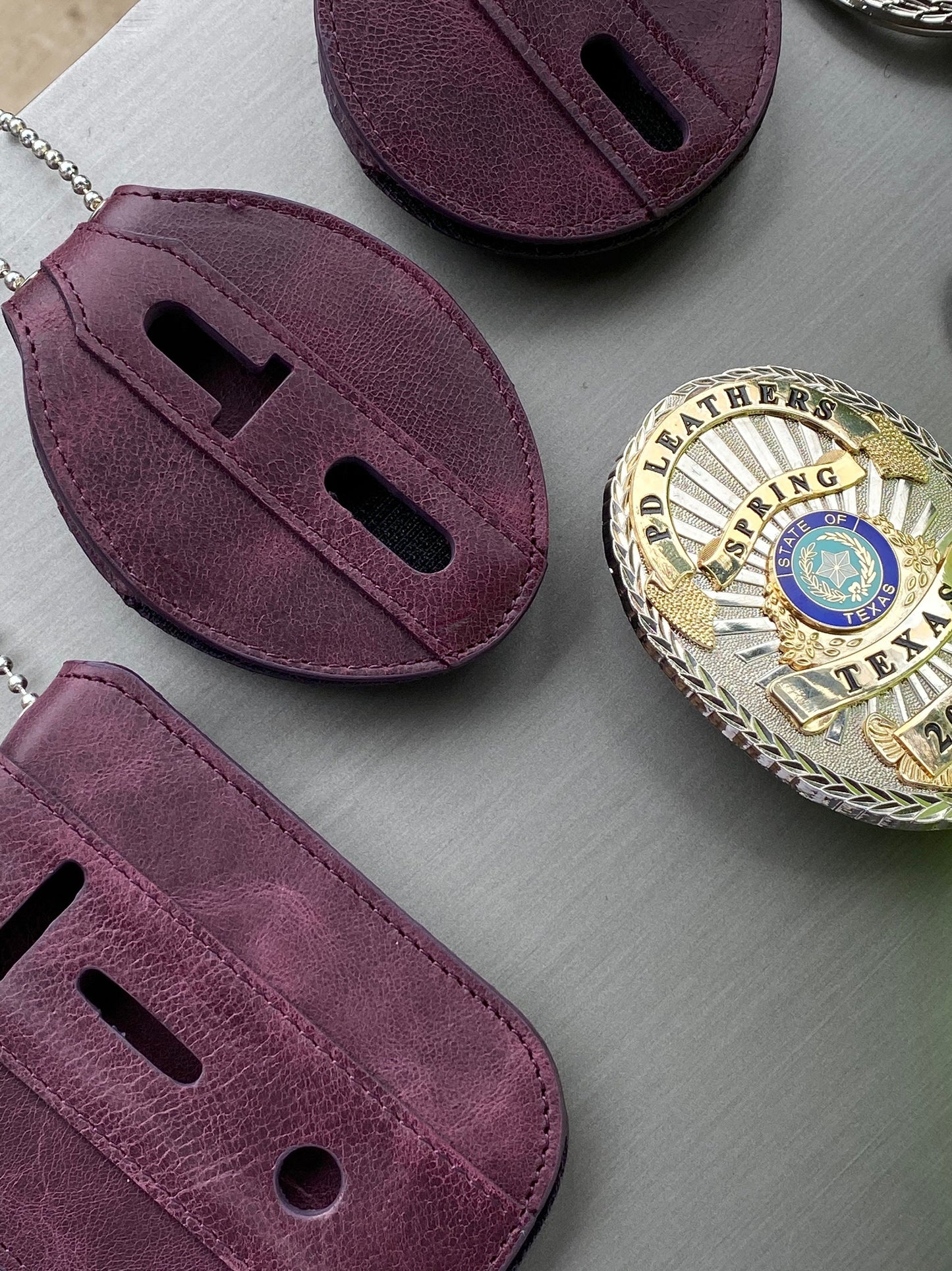 Purple Full Grain Leather Oval Police Badge Holder Belt Clip - Optional to Use Around The Neck