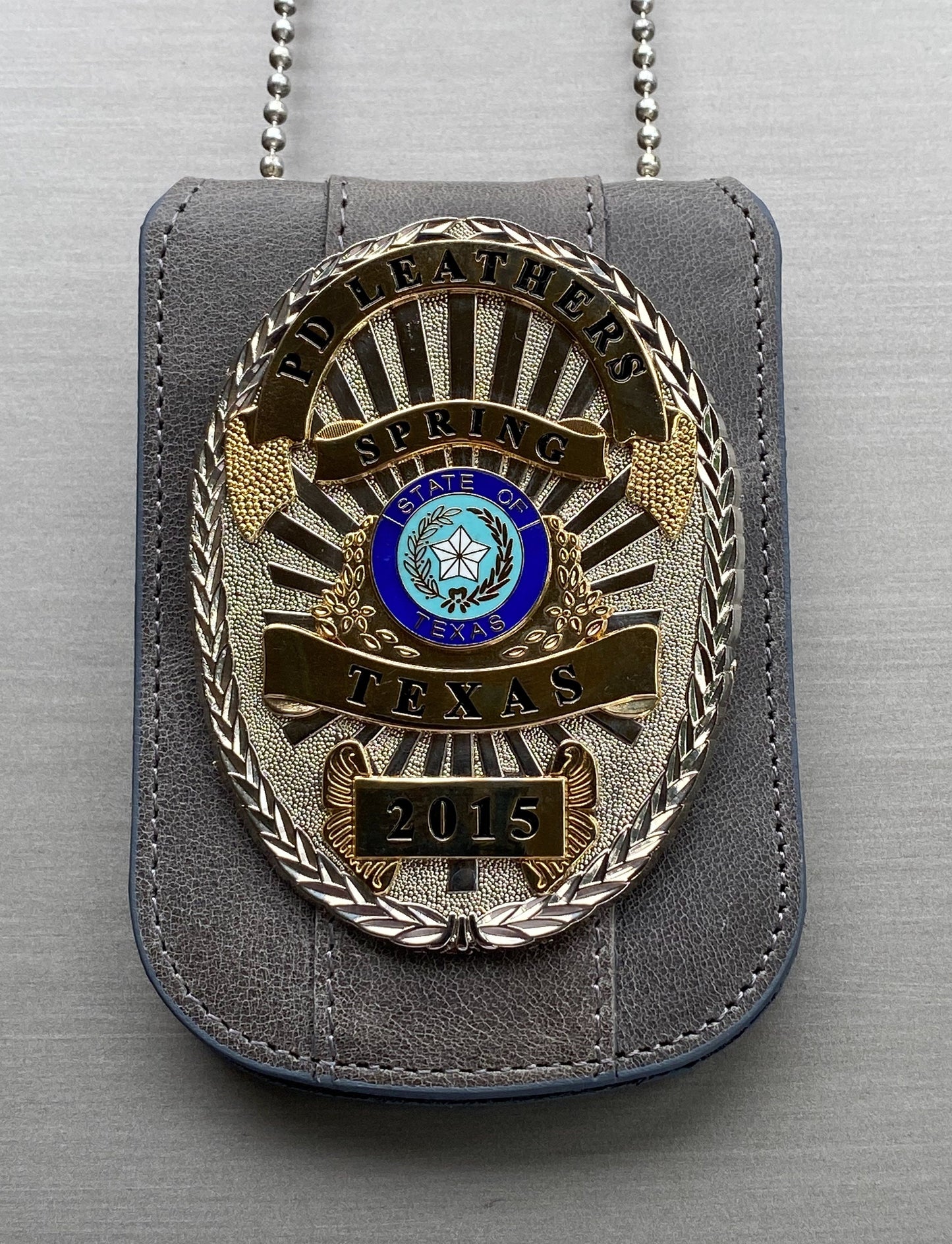 Gray Full Grain Leather Neck Chain Police Badge and ID Holder with Extra Hidden Inside ID Card Storage