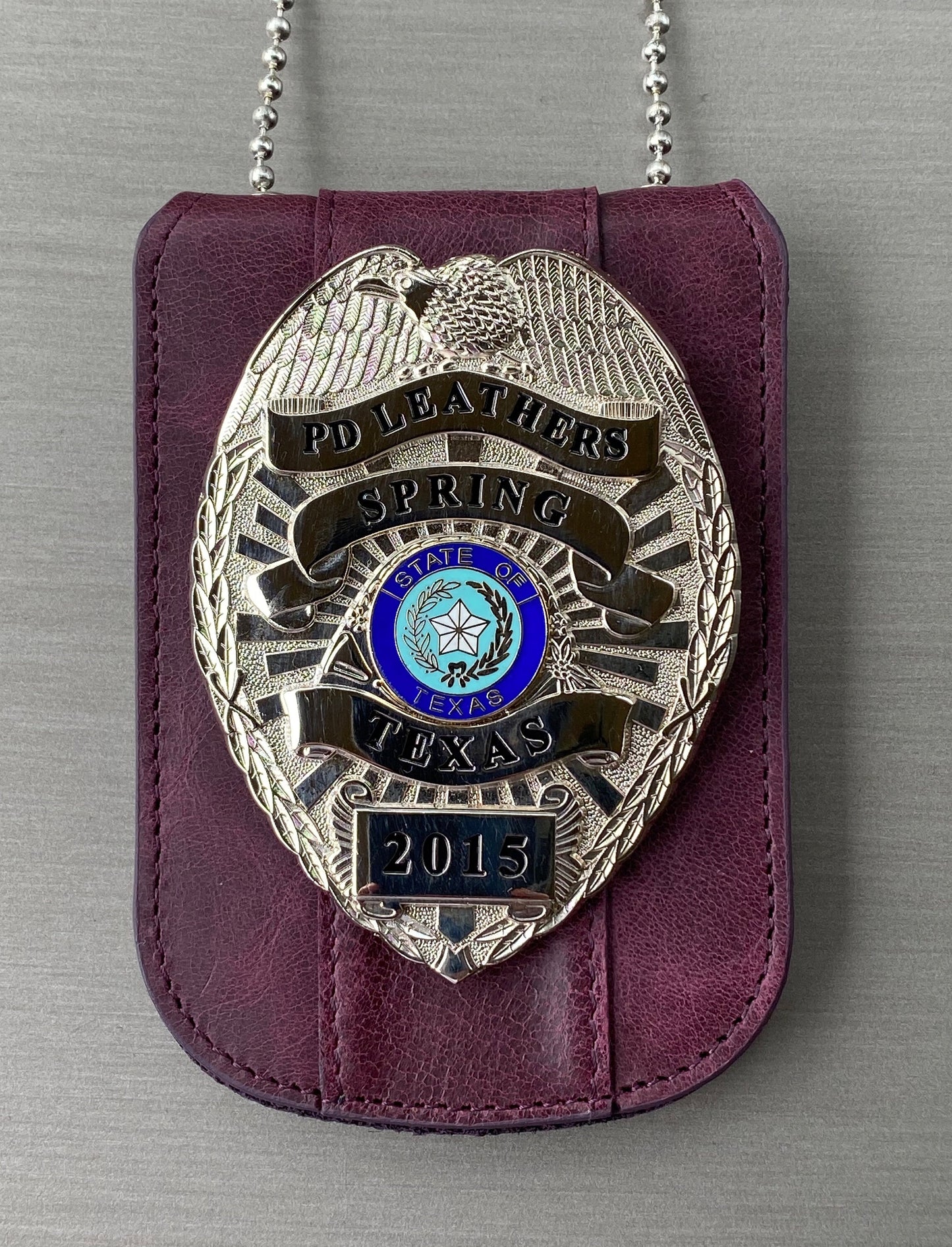 Purple Full Grain Leather Neck Chain Police Badge and ID Holder with Extra Hidden Inside ID Card Storage